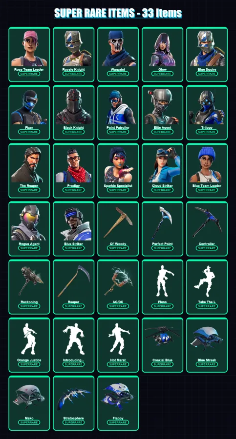 [PS4/PS5/XBOX/PC] | Rose Team Leader | Royale Knight | Warpaint | Glow | Blue Squire | 104 skin | 73 pickaxe | 68 emote | 75 glider | Lv1229