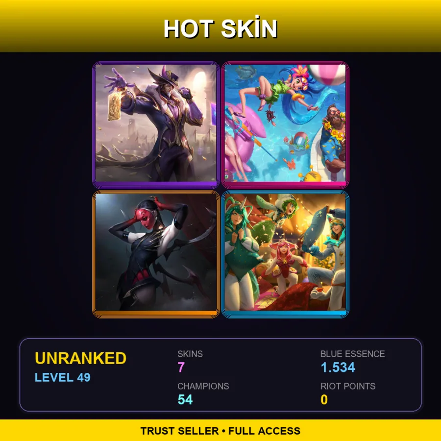 LAS | Victorious Twisted Fate | Pool Party Gangplank | Masque of the Black Rose Elise | Pajama Guardian Ezreal | 7 Skin | 54 Champ | Lv49