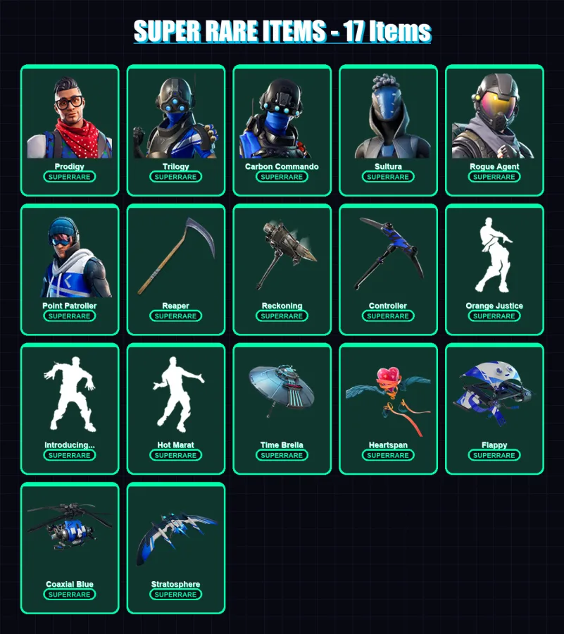 [PS4/PS5/XBOX/PC] | Prodigy | Trilogy | Carbon Commando | Sultura | Rogue Agent | 123 skin | 125 pickaxe | 138 emote | 131 glider | Lv1905