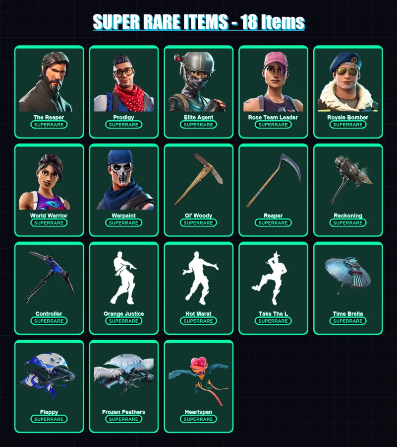 [PC/XBOX] | The Reaper | Prodigy | Elite Agent | Rose Team Leader | Royale Bomber | 186 skin | 184 pickaxe | 155 emote | 171 glider | Lv3395