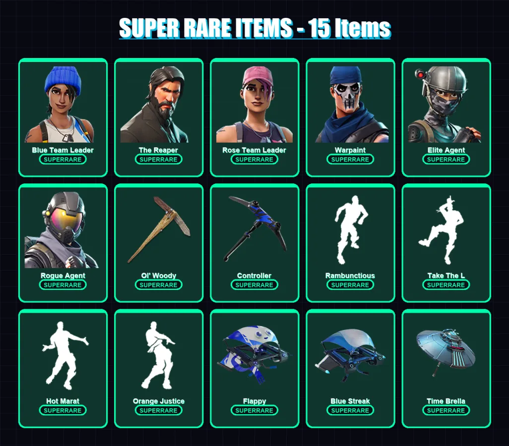 [PC] | Blue Team Leader | The Reaper | Rose Team Leader | Warpaint | Elite Agent | 68 skin | 61 pickaxe | 64 emote | 64 glider | Lv694