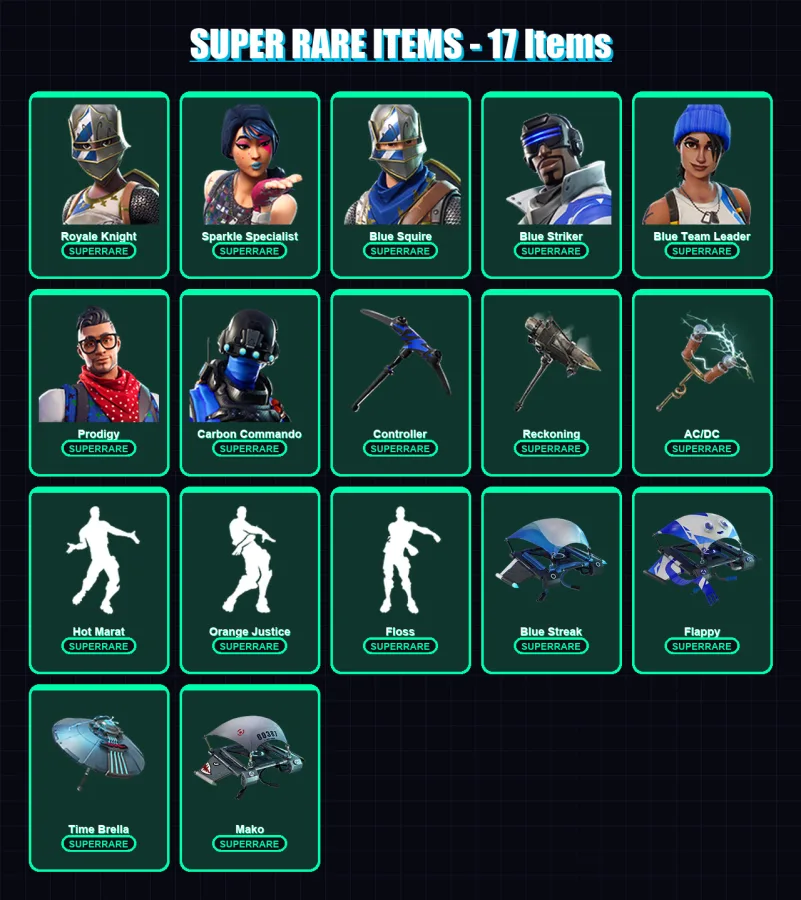 [PC/XBOX] | Royale Knight | Sparkle Specialist | Blue Squire | Blue Striker | Blue Team Leader | 32 skin | 50 pickaxe | 60 emote | 58 glider | Lv107