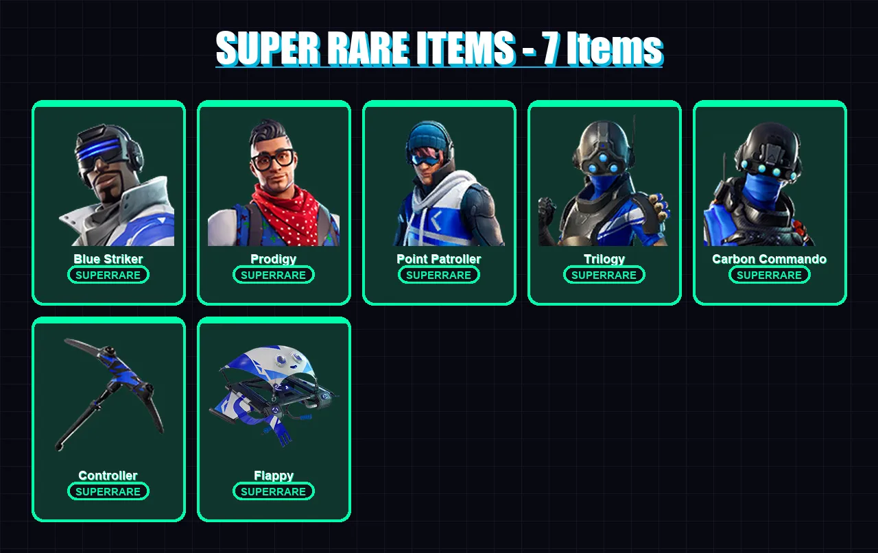 [PS4/PS5/XBOX/PC] | Blue Striker | Prodigy | Point Patroller | Trilogy | Carbon Commando | 44 skin | 32 pickaxe | 36 emote | 39 glider | Lv506