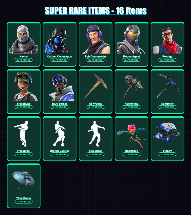[PC/XBOX/PSN] | Havoc | Carbon Commando | Sub Commander | Rogue Agent | Prodigy | 101 skin | 89 pickaxe | 86 emote | 98 glider | Lv1141