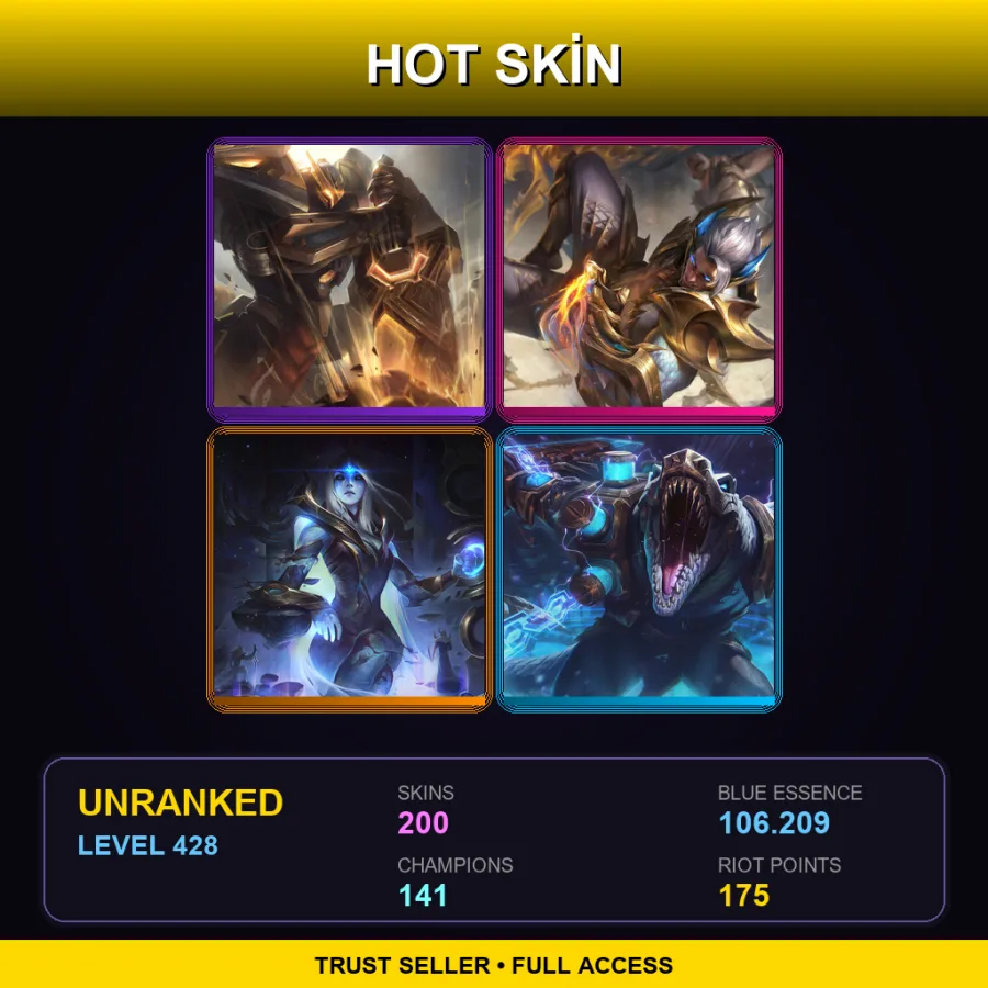 EUW | Lv428 | Unranked | 200 Skin | 141 Champ — LoL account