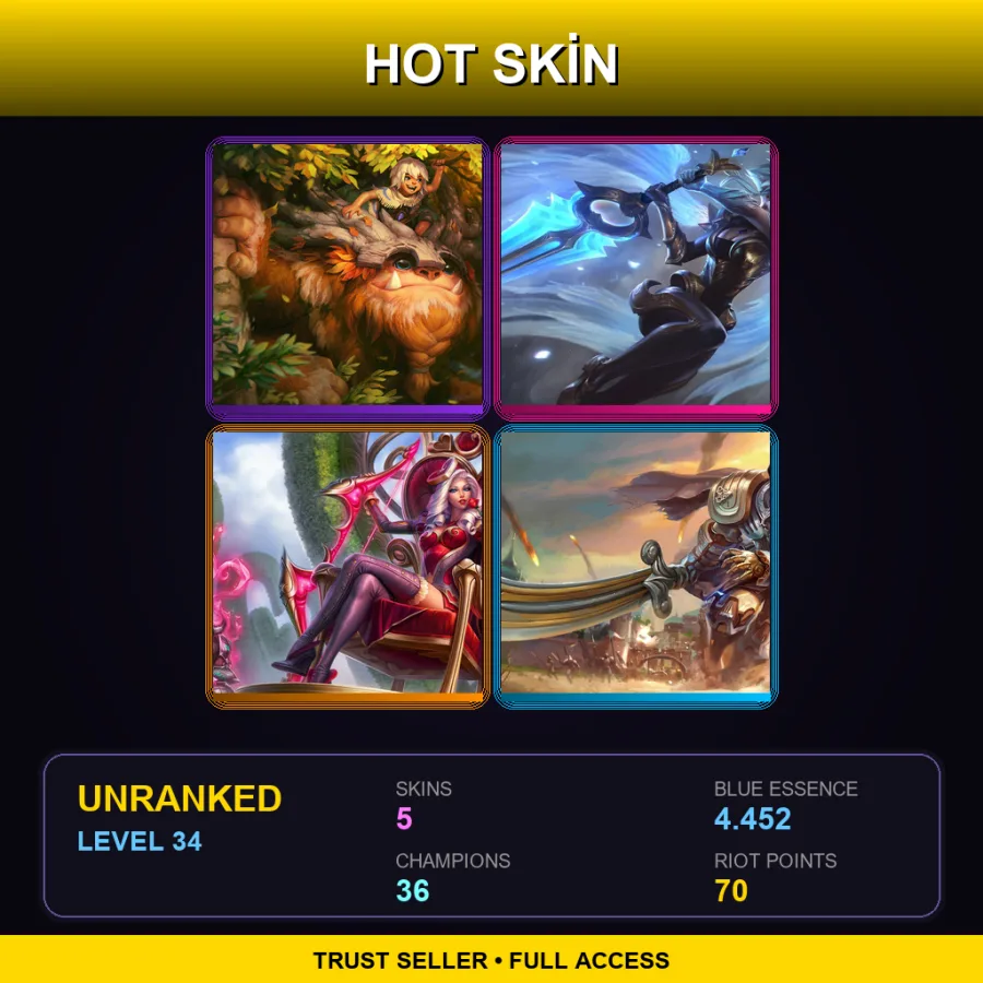 SG | Sasquatch Nunu & Willump | Dawnbringer Riven | Heartseeker Ashe | Desert Trooper Garen | 5 Skin | 36 Champ | Lv34