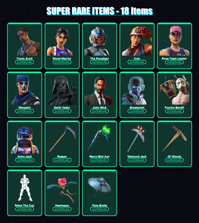 [PC/PSN] | Travis Scott | World Warrior | The Paradigm | Cole | Rose Team Leader | 749 skin | 518 pickaxe | 408 emote | 325 glider | Lv4897 — Fortnite account