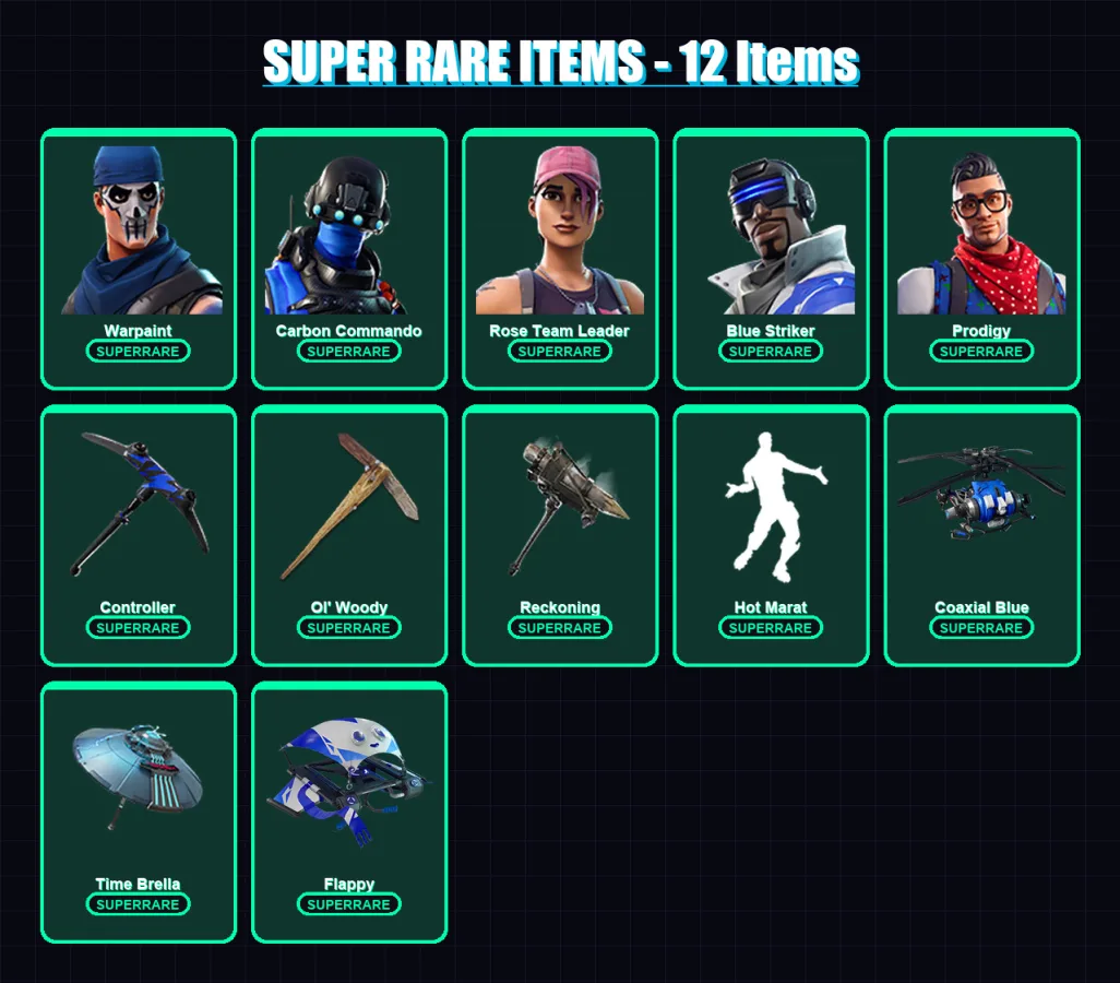 [PC/XBOX/PSN] | Warpaint | Carbon Commando | Rose Team Leader | Blue Striker | Prodigy | 150 skin | 184 pickaxe | 140 emote | 148 glider | Lv1683