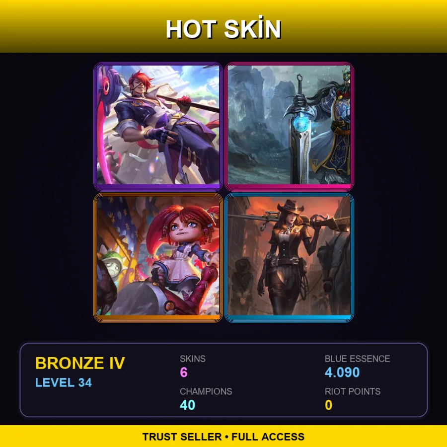 EUW | Battle Academia Kayn | King Tryndamere | Ragdoll Poppy | Sheriff Caitlyn | 6 Skin | 40 Champ | Bronze IV | Lv34