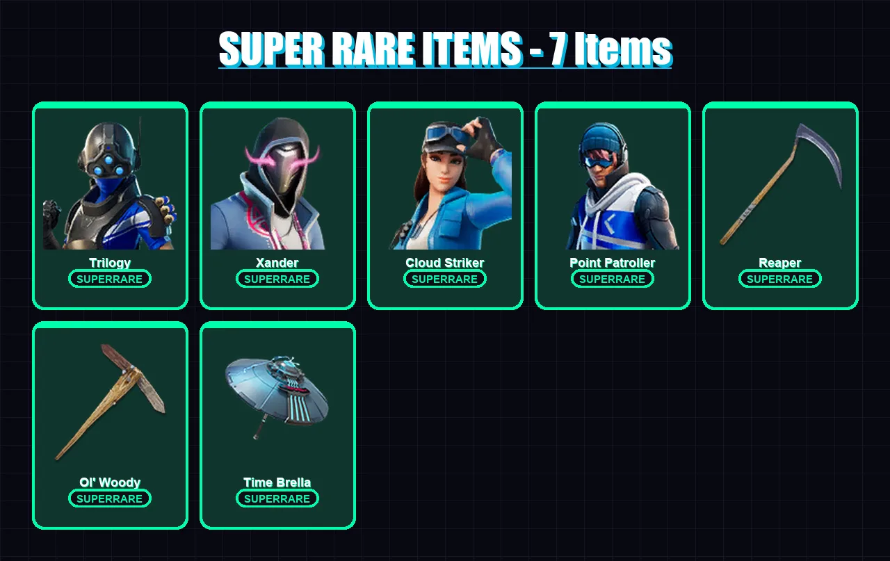[PS4/PS5/XBOX/PC] | Trilogy | Xander | Cloud Striker | Point Patroller | Joey | 33 skin | 48 pickaxe | 35 emote | 53 glider | Lv947