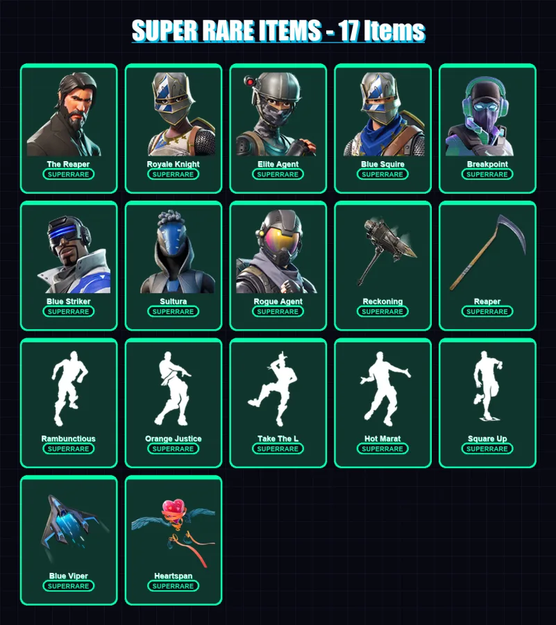 [PS4/PS5/XBOX/PC] | The Reaper | Royale Knight | Elite Agent | Blue Squire | Breakpoint | 113 skin | 84 pickaxe | 101 emote | 81 glider | Lv1020