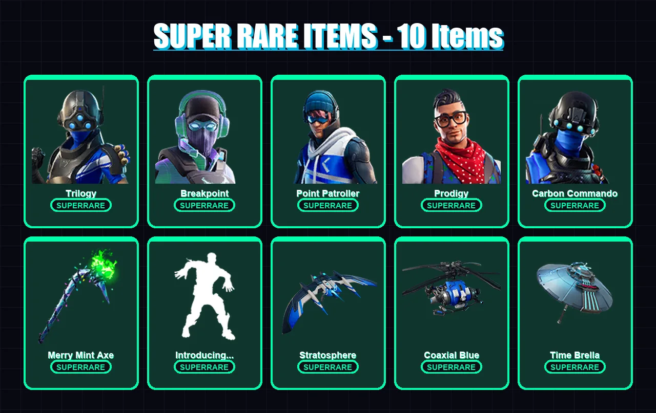[PC] | Trilogy | Breakpoint | Point Patroller | Prodigy | Carbon Commando | 100 skin | 92 pickaxe | 93 emote | 89 glider | Lv1477