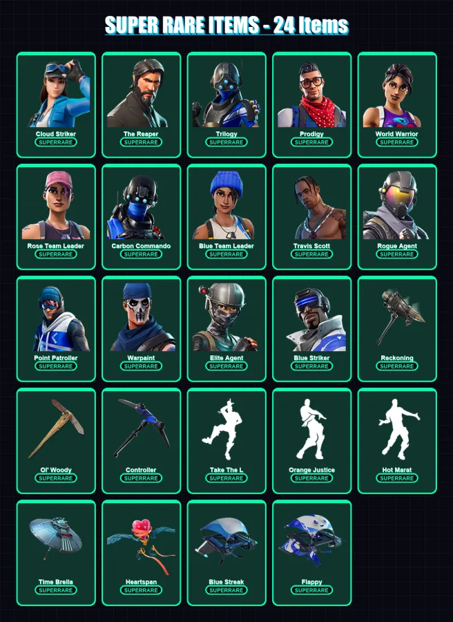 [PS4/PS5/XBOX/PC] | Cloud Striker | The Reaper | Trilogy | Prodigy | World Warrior | 115 skin | 132 pickaxe | 123 emote | 135 glider | Lv2089
