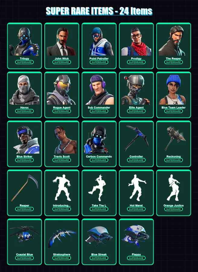 [PC] | Trilogy | John Wick | Point Patroller | Prodigy | The Reaper | 143 skin | 84 pickaxe | 105 emote | 86 glider | Lv1175