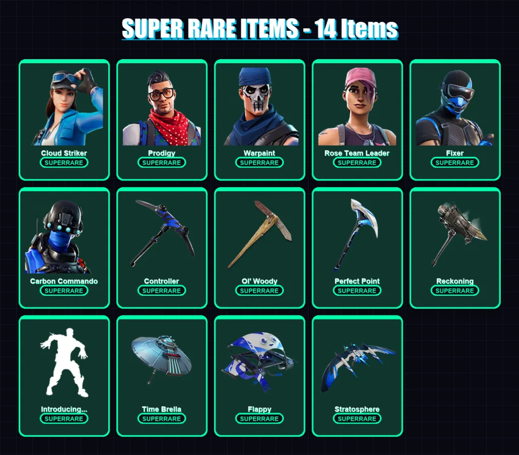 [PC] | Cloud Striker | Prodigy | Warpaint | Rose Team Leader | Fixer | 121 skin | 180 pickaxe | 167 emote | 138 glider | Lv1868