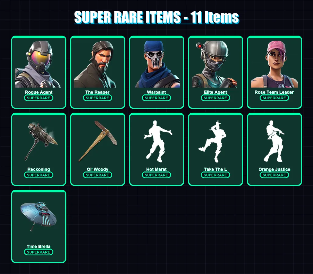 [PC/XBOX/PSN] | Rogue Agent | The Reaper | Warpaint | Elite Agent | Rose Team Leader | 132 skin | 125 pickaxe | 161 emote | 126 glider | Lv1649