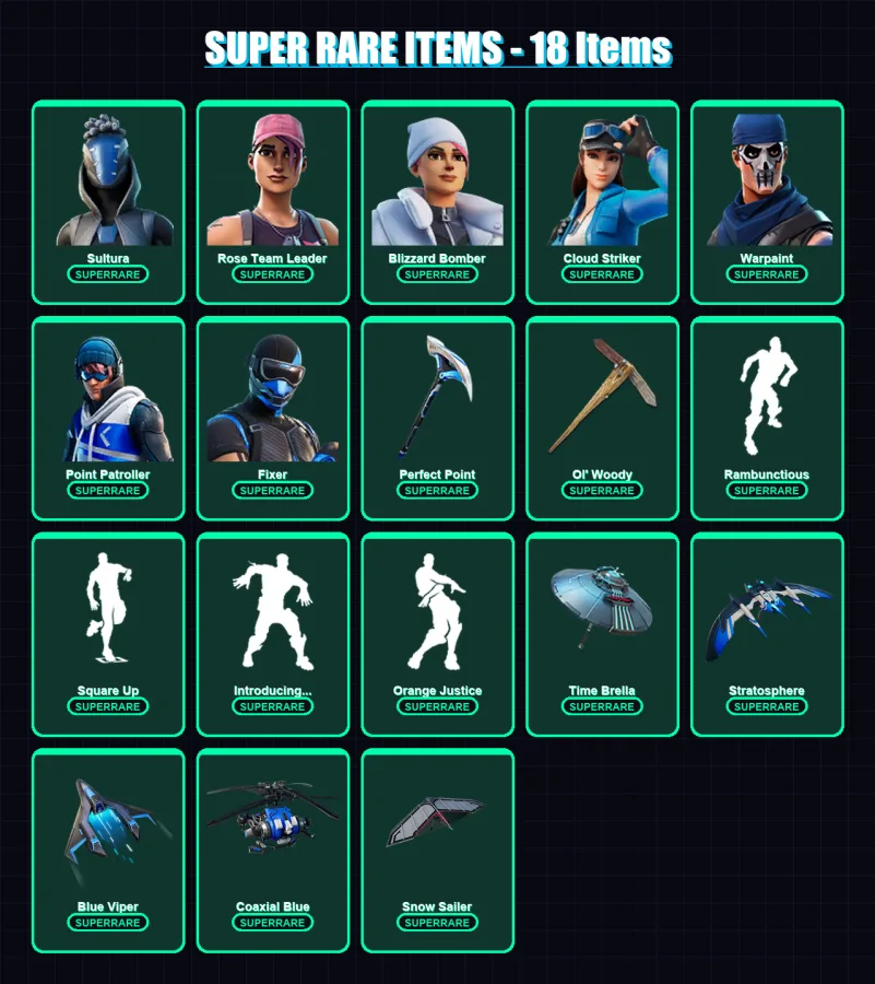 [PS4/PS5/XBOX/PC] | Sultura | Rose Team Leader | Blizzard Bomber | Cloud Striker | Warpaint | 97 skin | 109 pickaxe | 89 emote | 101 glider | Lv1134