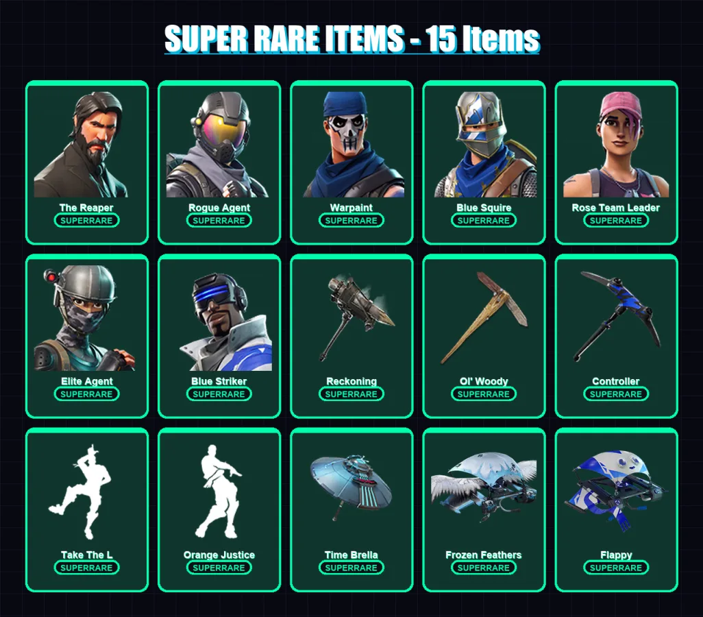 [PS4/PS5/XBOX/PC] | The Reaper | Rogue Agent | Warpaint | Blue Squire | Rose Team Leader | 70 skin | 64 pickaxe | 82 emote | 72 glider | Lv1247