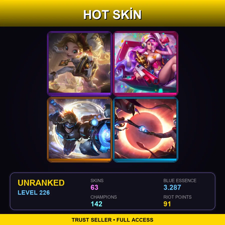 LAN | Lv226 | Unranked | 63 Skin | 142 Champ — LoL account