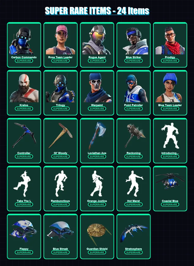 [PC] | Carbon Commando | Rose Team Leader | Rogue Agent | Blue Striker | Prodigy | 197 skin | 163 pickaxe | 144 emote | 122 glider | Lv1179