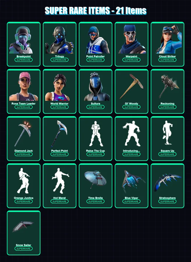 [PC] | Breakpoint | Trilogy | Point Patroller | Warpaint | Cloud Striker | 360 skin | 262 pickaxe | 230 emote | 200 glider | Lv2888