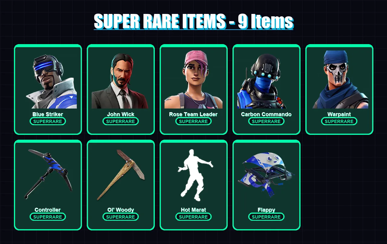 [PC/XBOX] | Blue Striker | John Wick | Rose Team Leader | Carbon Commando | Warpaint | 55 skin | 89 pickaxe | 74 emote | 70 glider | Lv1266 — Fortnite account