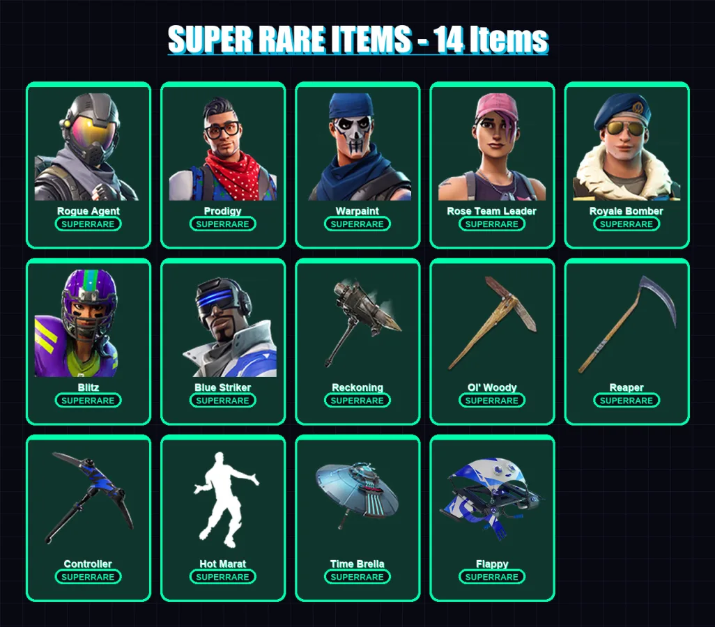 [PC/XBOX/PSN] | Rogue Agent | Prodigy | Warpaint | Rose Team Leader | Royale Bomber | 65 skin | 41 pickaxe | 52 emote | 44 glider | Lv602