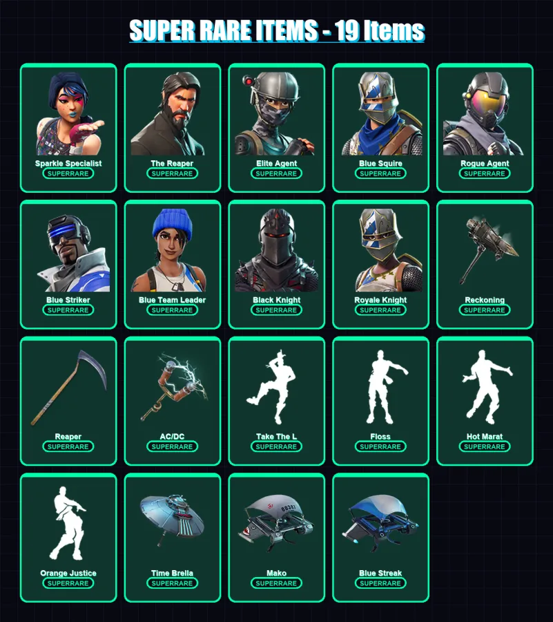 [PC] | Sparkle Specialist | The Reaper | Elite Agent | Blue Squire | Rogue Agent | 261 skin | 243 pickaxe | 171 emote | 174 glider | Lv2410