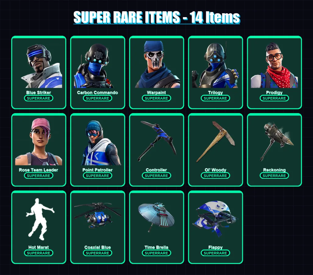 [SWITCH/PC] | Blue Striker | Carbon Commando | Warpaint | Trilogy | Prodigy | 225 skin | 250 pickaxe | 217 emote | 162 glider | Lv1567