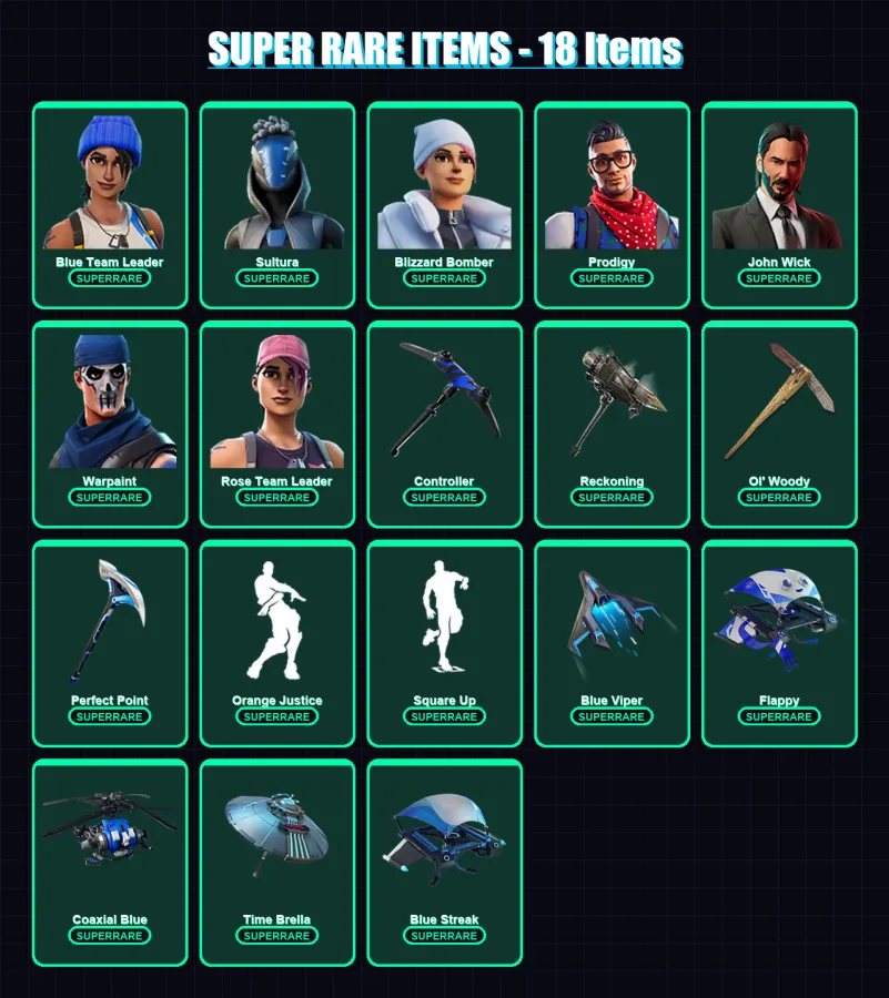 [SWITCH/XBOX/PC] | Blue Team Leader | Sultura | Blizzard Bomber | Prodigy | John Wick | 85 skin | 66 pickaxe | 76 emote | 69 glider | Lv962