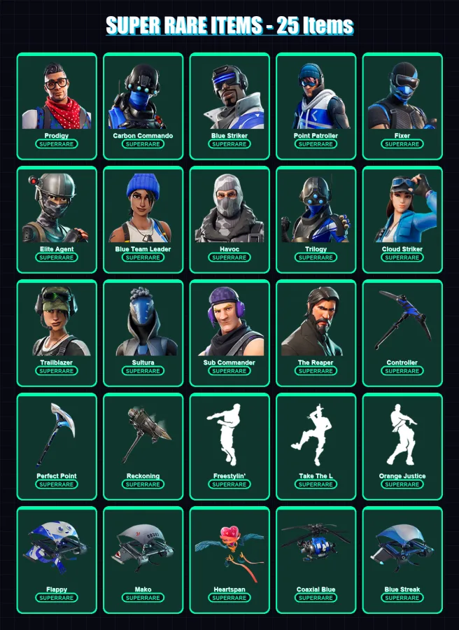 [PC/XBOX] | Prodigy | Carbon Commando | Blue Striker | Point Patroller | Fixer | 89 skin | 78 pickaxe | 80 emote | 80 glider | Lv1125