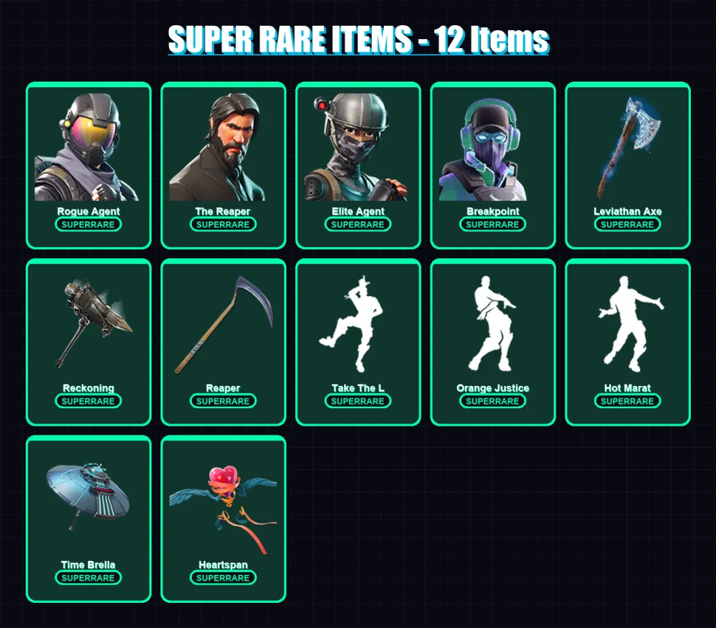 [PS4/PS5/XBOX/PC] | Rogue Agent | The Reaper | Elite Agent | Breakpoint | Raven | 150 skin | 152 pickaxe | 157 emote | 124 glider | Lv2557