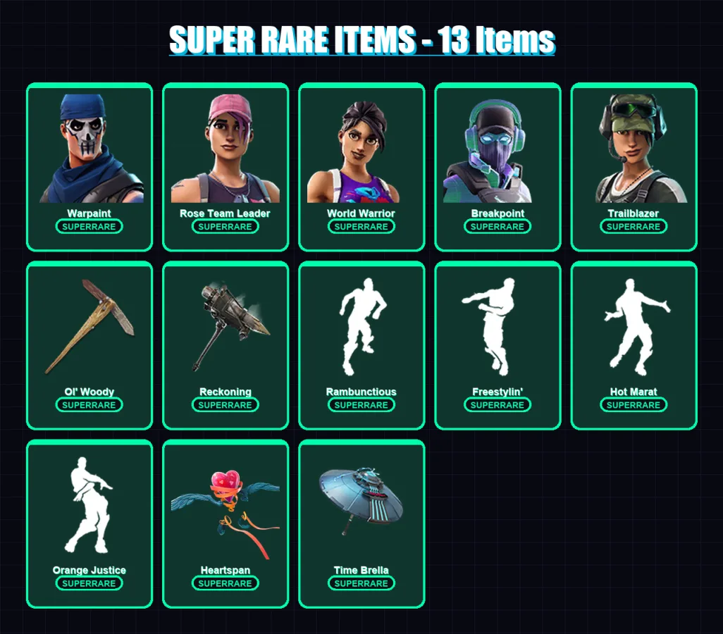 [PC/XBOX/PSN] | Warpaint | Rose Team Leader | World Warrior | Breakpoint | Trailblazer | 129 skin | 89 pickaxe | 125 emote | 92 glider | Lv995