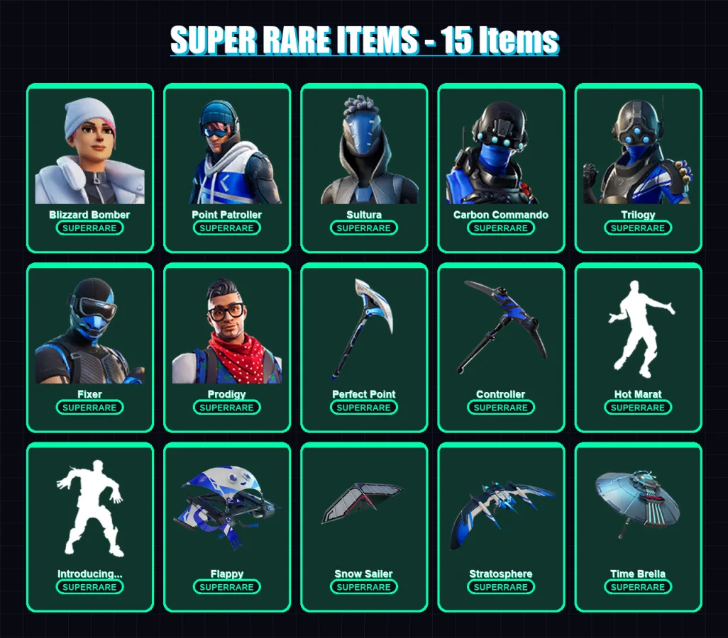 [PS4/PS5/XBOX/PC] | Blizzard Bomber | Point Patroller | Sultura | Carbon Commando | Trilogy | 24 skin | 35 pickaxe | 43 emote | 36 glider | Lv621