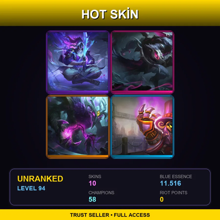 TR | Spirit Blossom Master Yi | Old God Warwick | Old God Nocturne | Superb Villain Veigar | 10 Skin | 58 Champ | Lv94
