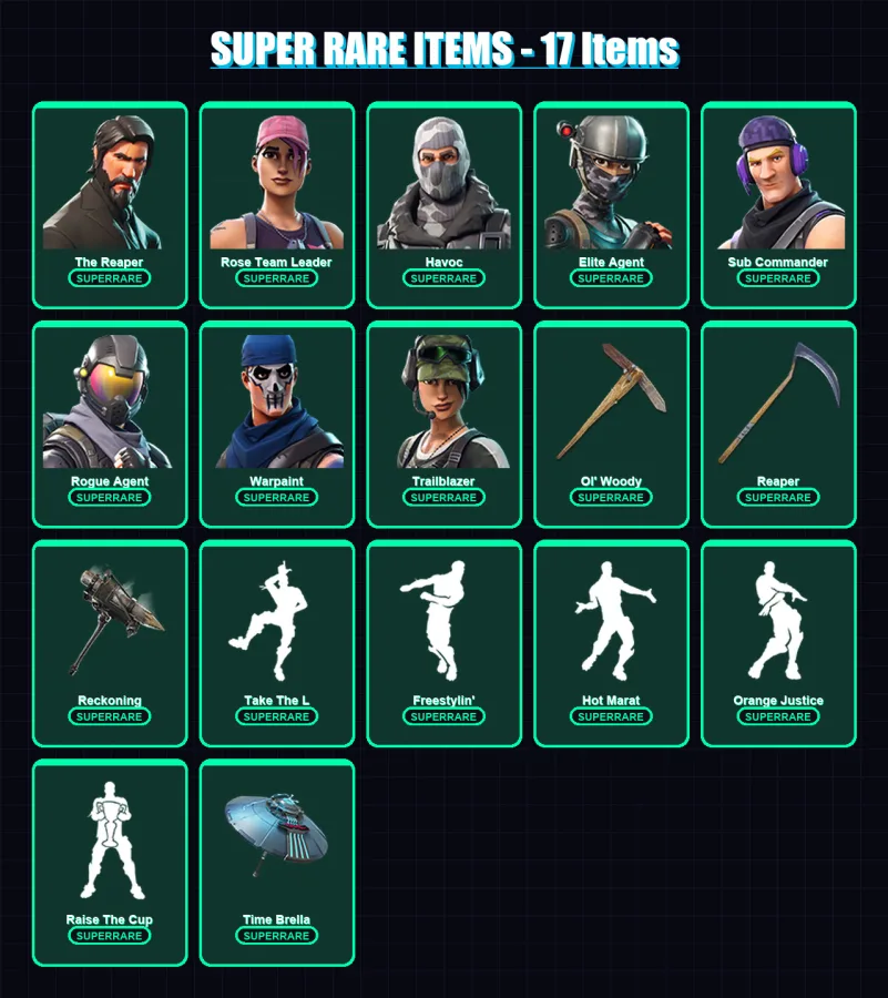 [PC/XBOX/PSN] | The Reaper | Rose Team Leader | Havoc | Elite Agent | Sub Commander | 110 skin | 82 pickaxe | 106 emote | 97 glider | Lv1278