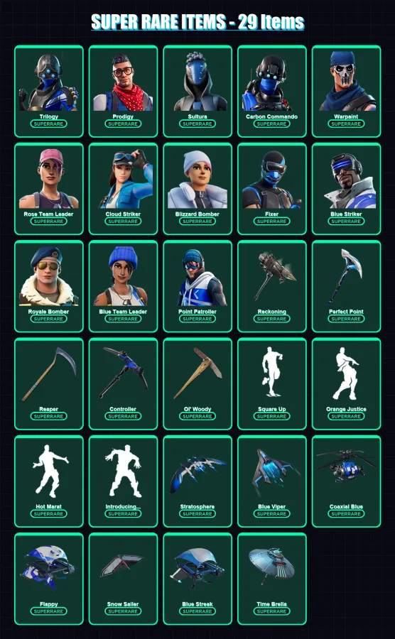 [PS4/PS5/XBOX/PC] | Trilogy | Prodigy | Sultura | Carbon Commando | Warpaint | 130 skin | 152 pickaxe | 143 emote | 141 glider | Lv1638