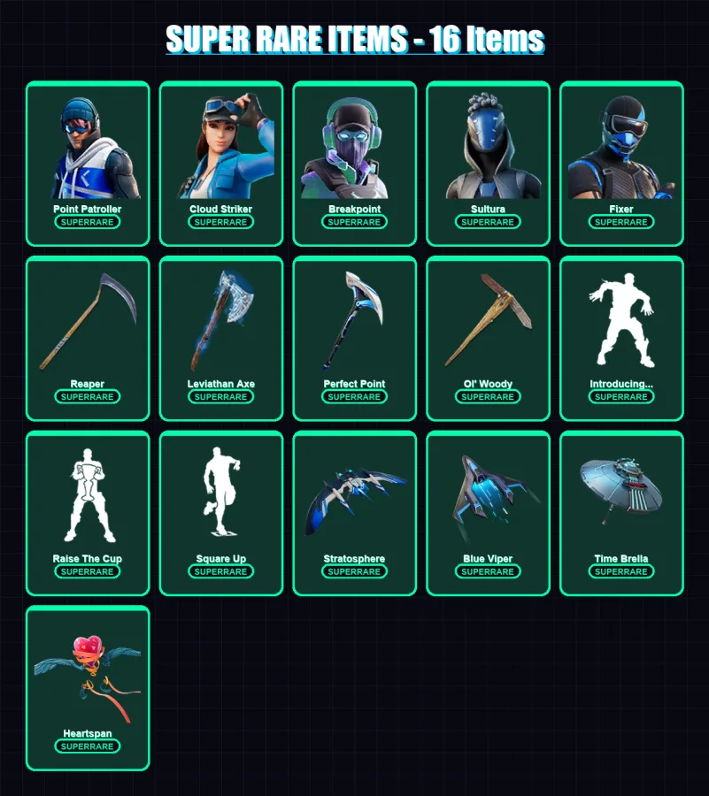 [PC/XBOX] | Point Patroller | Cloud Striker | Breakpoint | Sultura | Fixer | 397 skin | 380 pickaxe | 351 emote | 258 glider | Lv3321
