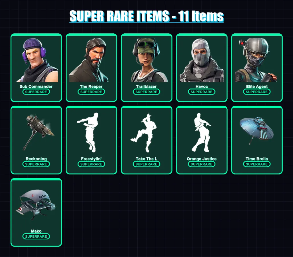 [PS4/PS5/XBOX/PC] | Sub Commander | The Reaper | Trailblazer | Havoc | Elite Agent | 47 skin | 48 pickaxe | 57 emote | 62 glider | Lv952 — Fortnite account
