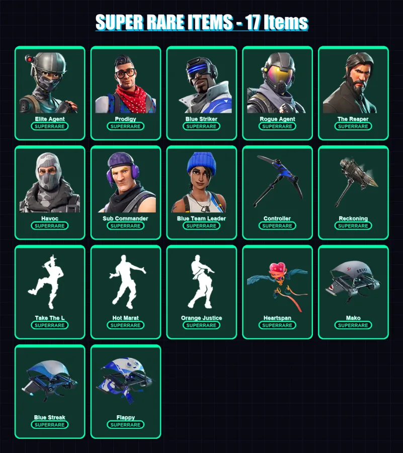 [PC/XBOX] | Elite Agent | Prodigy | Blue Striker | Rogue Agent | The Reaper | 64 skin | 63 pickaxe | 77 emote | 78 glider | Lv1436