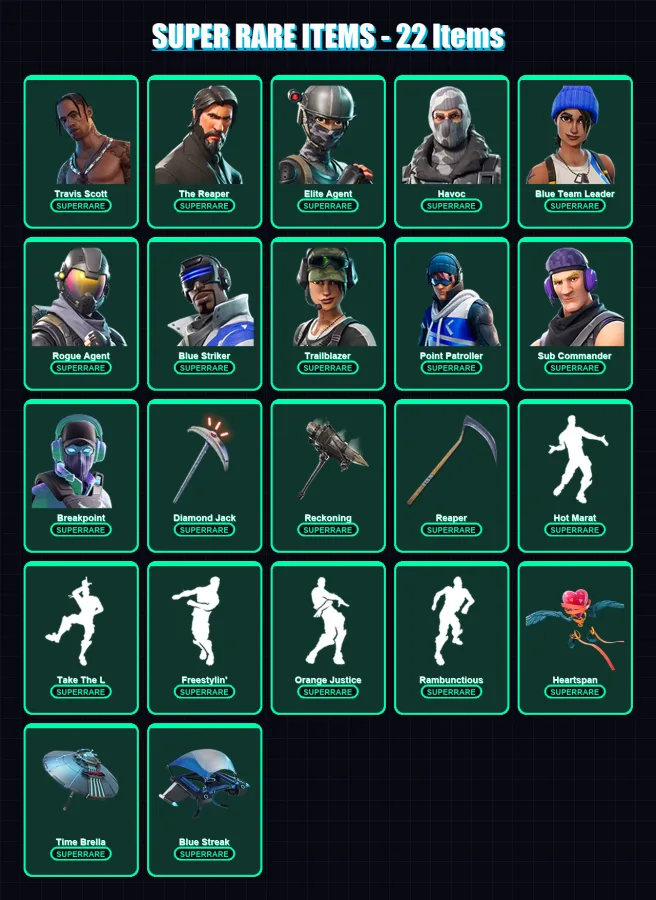 [PS4/PS5/XBOX/PC] | Travis Scott | The Reaper | Elite Agent | Havoc | Blue Team Leader | 121 skin | 122 pickaxe | 122 emote | 116 glider | Lv1673