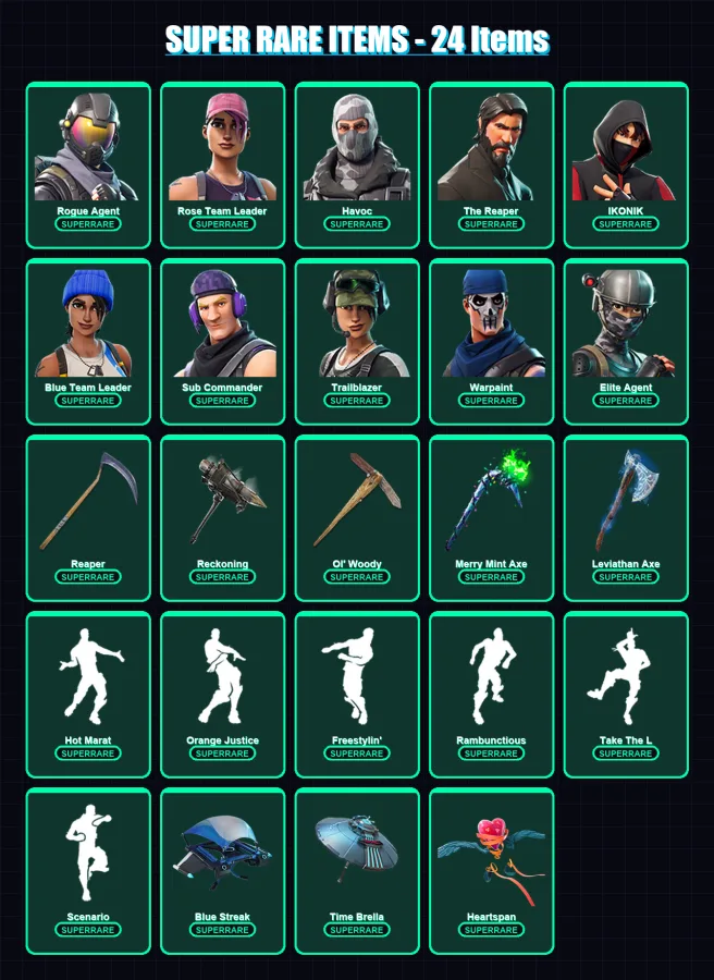 [PC/XBOX] | Rogue Agent | Rose Team Leader | Havoc | The Reaper | IKONIK | 279 skin | 265 pickaxe | 228 emote | 216 glider | Lv3628