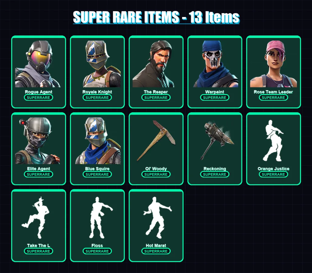 [PS4/PS5/XBOX/PC] | Rogue Agent | Royale Knight | The Reaper | Warpaint | Rose Team Leader | 43 skin | 31 pickaxe | 43 emote | 42 glider | Lv619