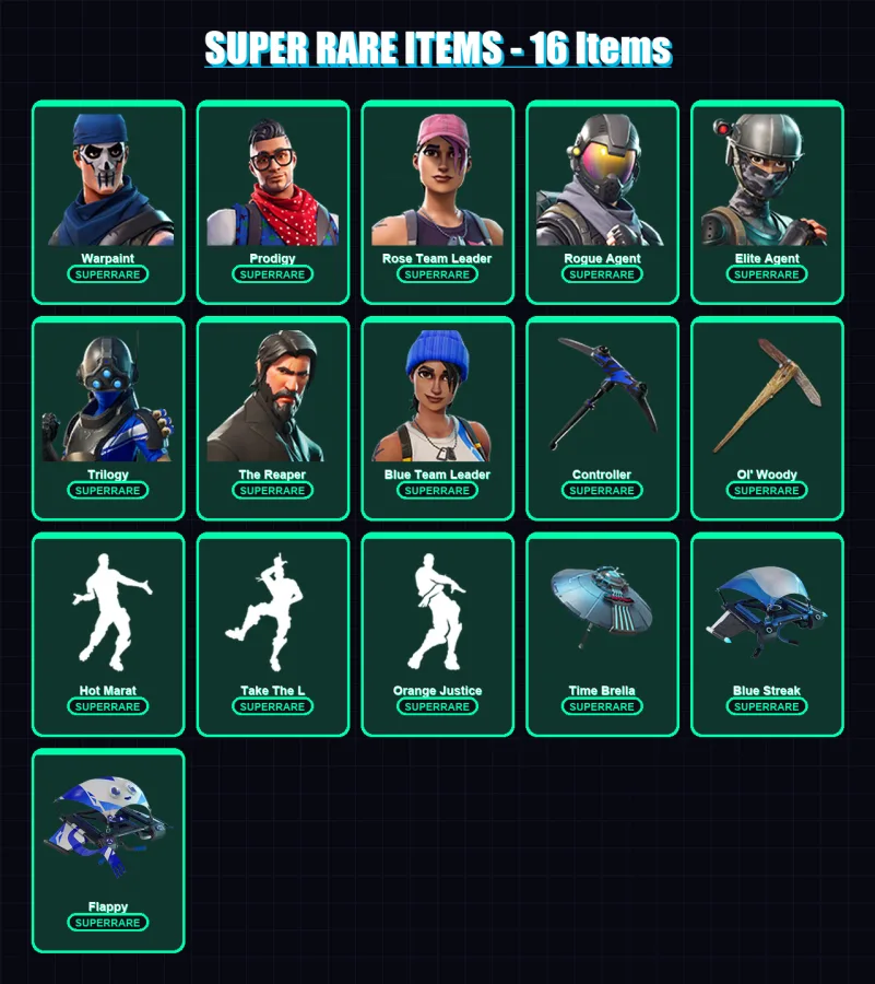 [PS4/PS5/XBOX/PC] | Warpaint | Prodigy | Rose Team Leader | Rogue Agent | Elite Agent | 49 skin | 86 pickaxe | 59 emote | 71 glider | Lv1258