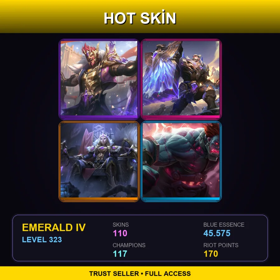 BR | Lv323 | Emerald IV | 110 Skin | 117 Champ — LoL account