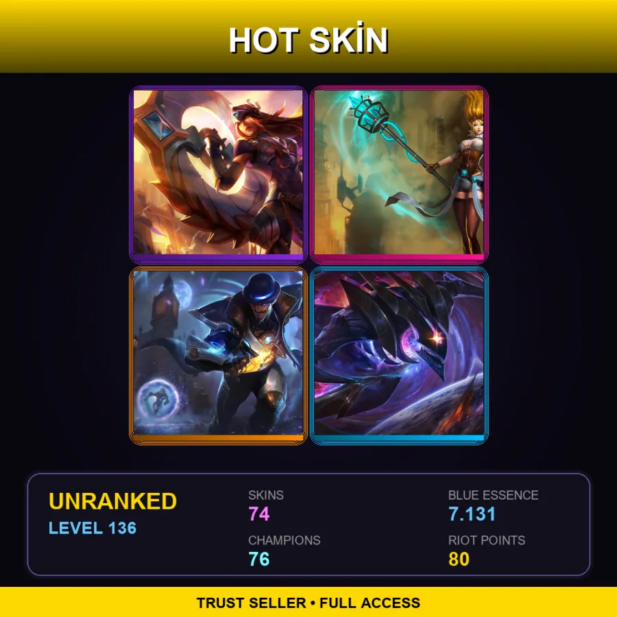 LAS | Lv136 | Unranked | 74 Skin | 76 Champ — LoL account
