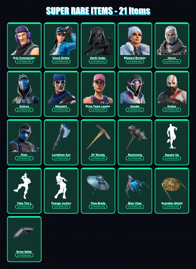[PS4/PS5/XBOX/PC] | Sub Commander | Cloud Striker | Darth Vader | Blizzard Bomber | Havoc | 272 skin | 294 pickaxe | 186 emote | 223 glider | Lv3056