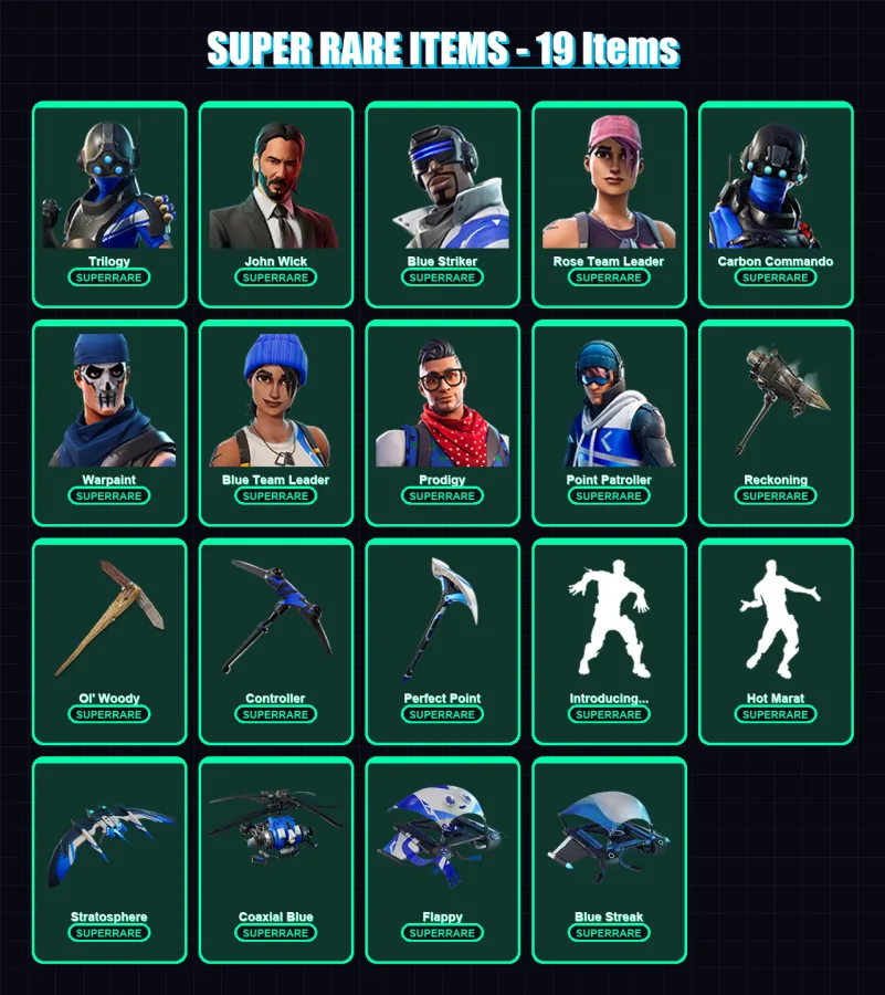 [PC] | Trilogy | John Wick | Blue Striker | Rose Team Leader | Carbon Commando | 48 skin | 53 pickaxe | 56 emote | 57 glider | Lv673