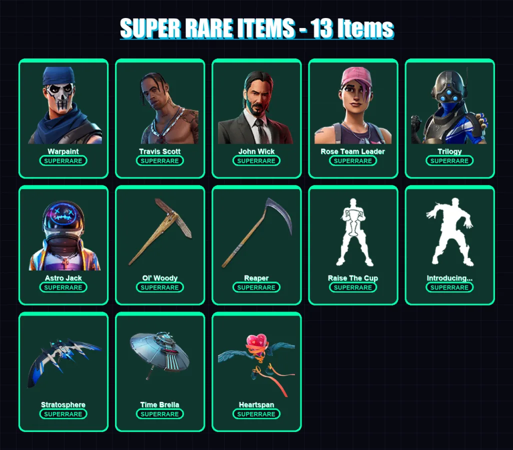 [PS4/PS5/XBOX/PC] | Warpaint | Travis Scott | John Wick | Rose Team Leader | Trilogy | 121 skin | 120 pickaxe | 106 emote | 112 glider | Lv1690 — Fortnite account