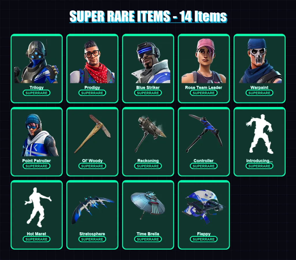 [PS4/PS5/XBOX/PC] | Trilogy | Prodigy | Blue Striker | Rose Team Leader | Warpaint | 85 skin | 77 pickaxe | 84 emote | 90 glider | Lv1043